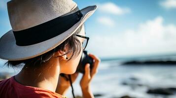 ai generado un fotografía de viajero o mochilero en el playa con un muchos estilo y muchos ángulo foto