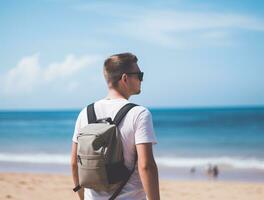 AI generated a photograph of traveler or backpaker in the beach with a many style and many angle photo