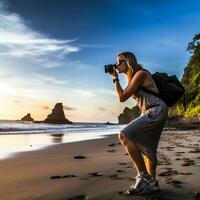 ai generado un fotografía de viajero o mochilero en el playa con un muchos estilo y muchos ángulo foto