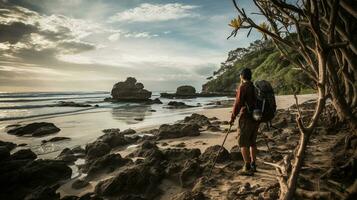 AI generated a photograph of traveler or backpaker in the beach with a many style and many angle photo