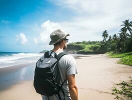AI generated a photograph of traveler or backpaker in the beach with a many style and many angle photo