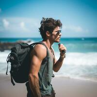 AI generated a photograph of traveler or backpaker in the beach with a many style and many angle photo