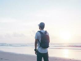 ai generado un fotografía de viajero o mochilero en el playa con un muchos estilo y muchos ángulo foto