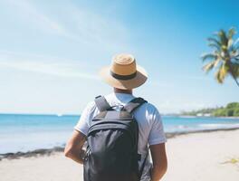 AI generated a photograph of traveler or backpaker in the beach with a many style and many angle photo