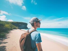 AI generated a photograph of traveler or backpaker in the beach with a many style and many angle photo