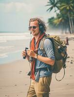 ai generado un fotografía de viajero o mochilero en el playa con un muchos estilo y muchos ángulo foto