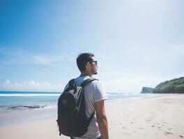 AI generated a photograph of traveler or backpaker in the beach with a many style and many angle photo
