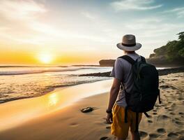AI generated a photograph of traveler or backpaker in the beach with a many style and many angle photo