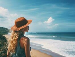 AI generated a photograph of traveler or backpaker in the beach with a many style and many angle photo