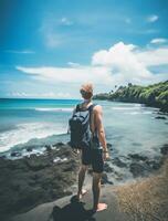 AI generated a photograph of traveler or backpaker in the beach with a many style and many angle photo
