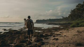 AI generated a photograph of traveler or backpaker in the beach with a many style and many angle photo