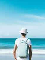 AI generated a photograph of traveler or backpaker in the beach with a many style and many angle photo