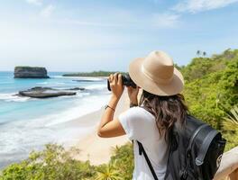 AI generated a photograph of traveler or backpaker in the beach with a many style and many angle photo