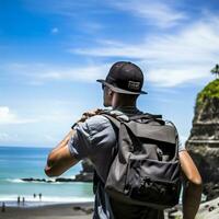 AI generated a photograph of traveler or backpaker in the beach with a many style and many angle photo