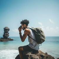 ai generado un fotografía de viajero o mochilero en el playa con un muchos estilo y muchos ángulo foto