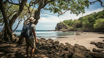 AI generated a photograph of traveler or backpaker in the beach with a many style and many angle photo