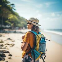 AI generated a photograph of traveler or backpaker in the beach with a many style and many angle photo