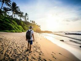 AI generated a photograph of traveler or backpaker in the beach with a many style and many angle photo