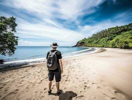 AI generated a photograph of traveler or backpaker in the beach with a many style and many angle photo
