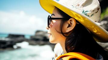 AI generated a photograph of traveler or backpaker in the beach with a many style and many angle photo