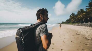 AI generated a photograph of traveler or backpaker in the beach with a many style and many angle photo