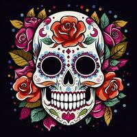 AI generated Mexican roses skull. Mexican roses skull. Dia de los muertos shugar colorful head. AI Generated photo