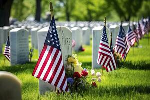 AI generated Military Headstones and Gravestones Decorated With Flags for Memorial Day.  AI Generated photo