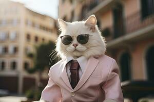 ai generado un gato es vistiendo Gafas de sol, traje y en pie en calle. ai generado foto