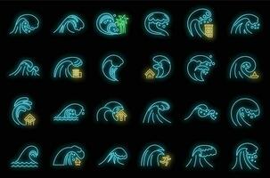 Tsunami disaster icons set vector neon