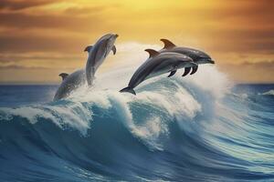 AI generated Playful dolphins jumping over breaking waves. Hawaii Pacific Ocean wildlife scenery. Generative AI photo