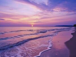 AI generated Summer beach with blue water and purple sky at the sunset.  AI Generated. photo