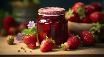 AI generated Strawberry jam and fresh berries. Generative AI photo