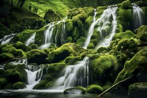 AI generated Waterfall landscape with rocks covered in green moss. AI Generated photo