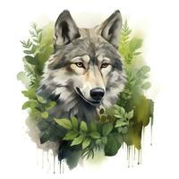 AI generated Wolf animal in greenery for kids emotional watercolors. AI Generated photo