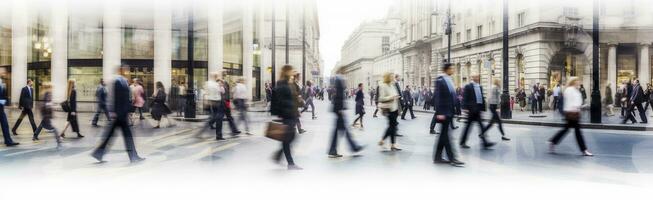 AI generated Walking people blur. Lots of people walk in the City of London. Wide panoramic view of people crossing the road. AI Generated photo