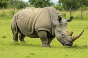 AI generated White Rhino grazing. AI Generated photo