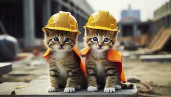 ai generado dos gatitos vistiendo difícil sombreros en un construcción sitio. generativo ai foto