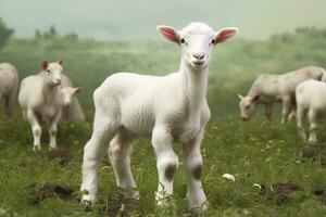 ai generado blanco Cordero en un campo en frente de otro animales generativo ai foto