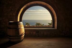 AI generated Barrel in an ancient castle beside the window. AI Generated photo