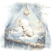 AI generated A sleepy baby white bear in bedding. watercolor illustrations. AI Generated photo