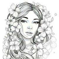 AI generated A girl on a coloring book page with Jasmine flowers. AI Generated photo