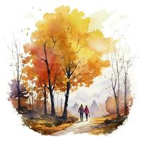 ai generado acuarela otoño paisaje con un Pareja caminando. ai generado foto