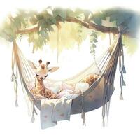 AI generated A sleepy baby giraffe in a hammock. watercolor illustration. AI Generated photo