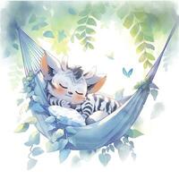 AI generated A sleepy baby zebra in a hammock. watercolor illustrations. AI Generated photo