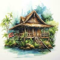 AI generated A watercolored bright serene image of a traditional bahay kubo. AI Generated photo