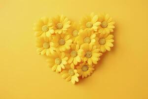 ai generado amarillo corazón conformado por amarillo margaritas terminado amarillo antecedentes. ai generado foto