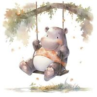 AI generated Cute happy baby rhino on swings in the tree in watercolor style. AI Generated photo