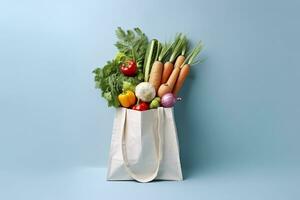 ai generado tienda de comestibles lleno bolsa. blanco compras bolso con vegetales en ligero azul antecedentes. generativo ai foto