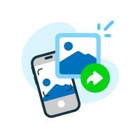 tomar foto y compartir imagen con teléfono inteligente concepto ilustración plano diseño vector. moderno gráfico elemento para aterrizaje página ui, infografía, icono vector