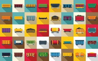 Train freight wagons icons set flat vector. Diesel side vector